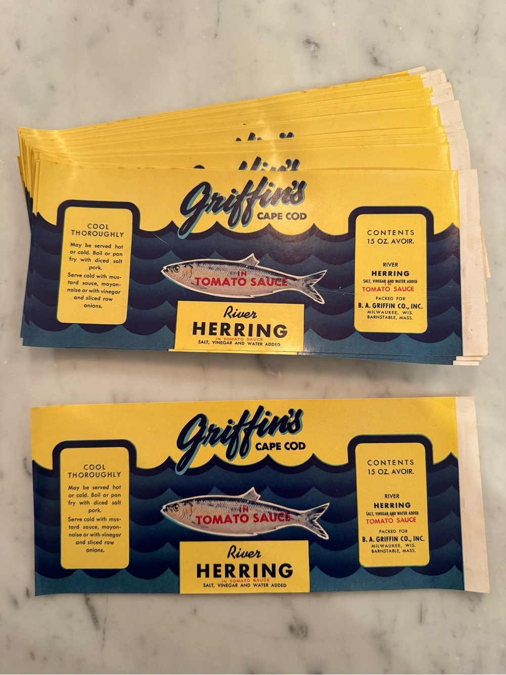 Griffin's Cape Cod River Herring in Tomato Sauce - Yellow & Navy Label authentic